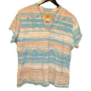 Ruby Rd Cotton multicolor watercolor-like striped tee with studded collar detail